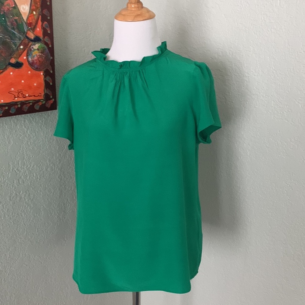 Women's Green Ruffle-Neck Short Sleeve Top - Picture 2 of 9